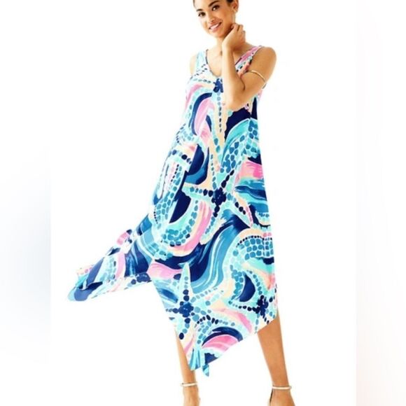 LILLY PULITZER Anise Ocean Jewels Waterfall Double V Silk Maxi Dress Size L - Picture 3 of 13